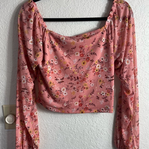 Almost Famous Floral Mesh Ruched Off The Shoulder Crop Top Sz L - Picture 3 of 4